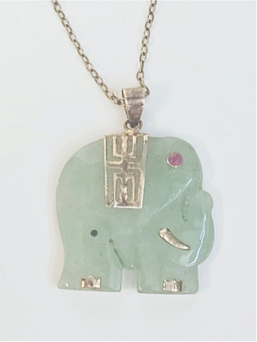 Vintage Y2K Kmart Carved Green Stone Elephant Pendant Necklace - Sterling Silver